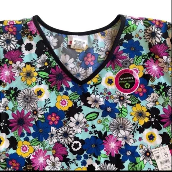 ScrubStar Womens Size Large Scrub Top blue black floral V-Neck stretch NWT - Picture 5 of 7
